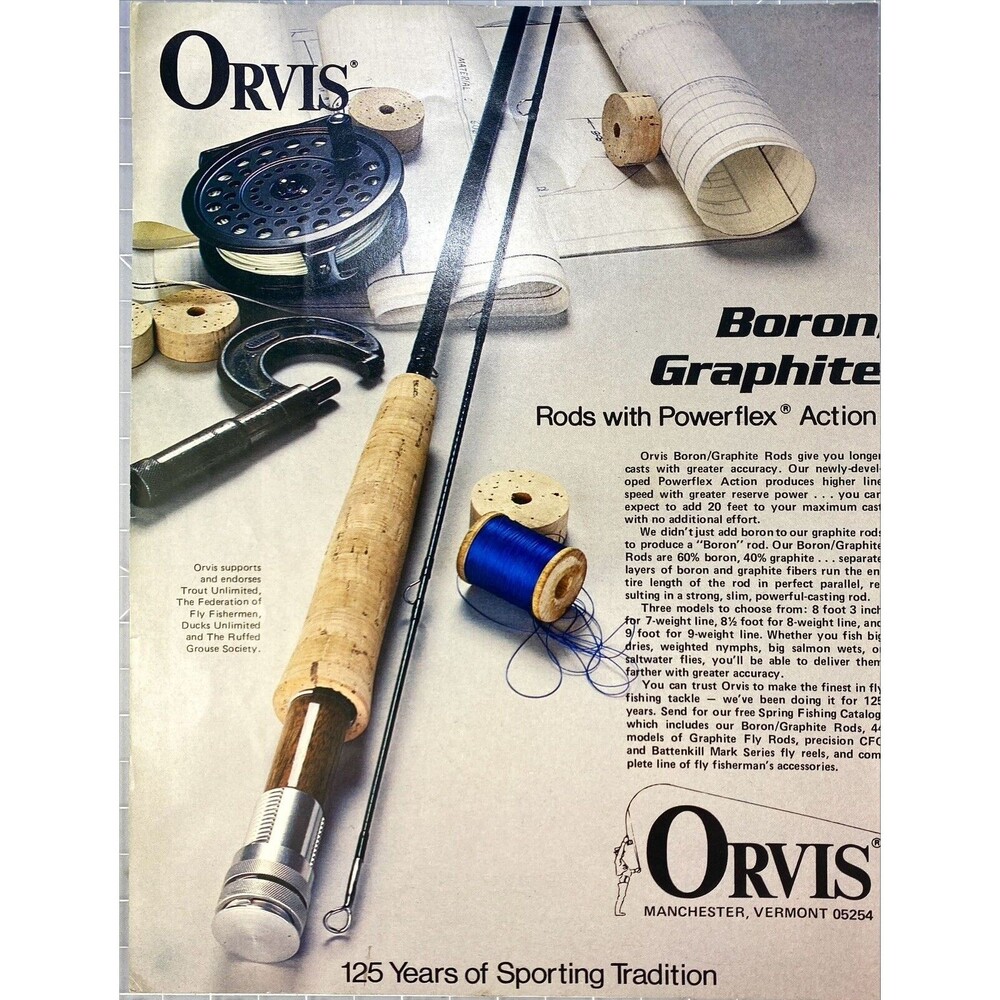 ORVIS Boron/Graphite "Rods with Powerflex Action" Rod & Reel Vntg Print Ad 1981